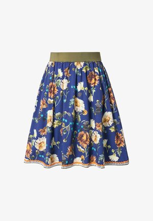 Blauer Blumenrock mit gelben, weißen und grünen Blumen, einem olivgrünen Bund und kontrastierenden Saumdetails.