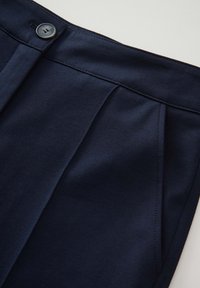 Pantalons plissés bleu marine avec une texture de tissu lisse, une fermeture à bouton à la taille et une coupe soignée avec des détails de couture propres.