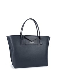 Borsa tote in pelle blu navy con due manici, forma strutturata, superficie testurizzata e un'astina anteriore con dettaglio del logo impresso.
