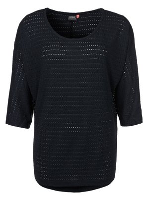 Pull noir en maille avec un col rond et des manches trois-quarts, présentant un motif texturé de trous horizontaux.