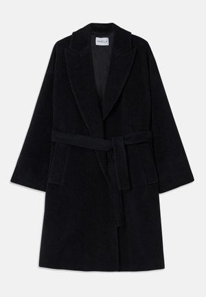 Black wool coat with a shawl collar, wide sleeves, and a matching belt. Features two side pockets and a smooth, textured finish.