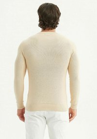Pull ajusté beige clair avec un motif de tricot texturé, col rond, poignets et ourlet côtelés, porté sur un pantalon blanc, vu de dos.
