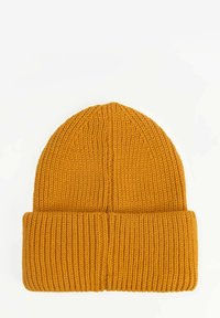 Musztardowa, dziana czapka beanie z zagiętym ściągaczem, z teksturowanym wzorem i dopasowanym krojem. Miękki, elastyczny materiał.