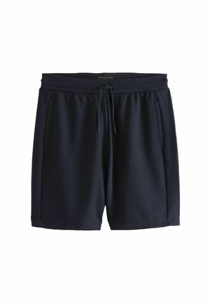 Navy blue athletic shorts made of soft fabric, featuring an elastic waistband with a drawstring, and side pockets for convenience.