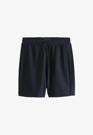 Dunkelblaue Sportshorts aus weichem Stoff, mit einem elastischen Bund und Kordelzug sowie seitlichen Taschen für zusätzlichen Komfort.