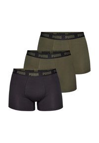 Black, dark green, and light green boxer shorts made of soft fabric, featuring a black waistband with "PUMA" logo. Three-pack set.