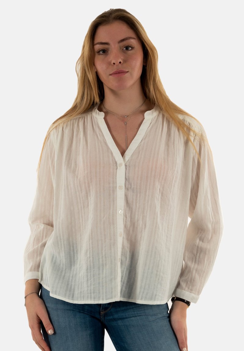 Camisa blanca de manga larga hecha de tejido texturizado. Cuello tipo notch y cierre frontal con botones, con sutiles rayas verticales. Combinada con jeans azules.