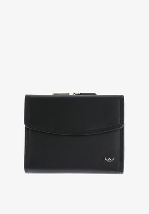 Portefeuille en cuir noir avec bords cousus, fermeture à rabat et petit emblème argenté ailé dans le coin inférieur droit.