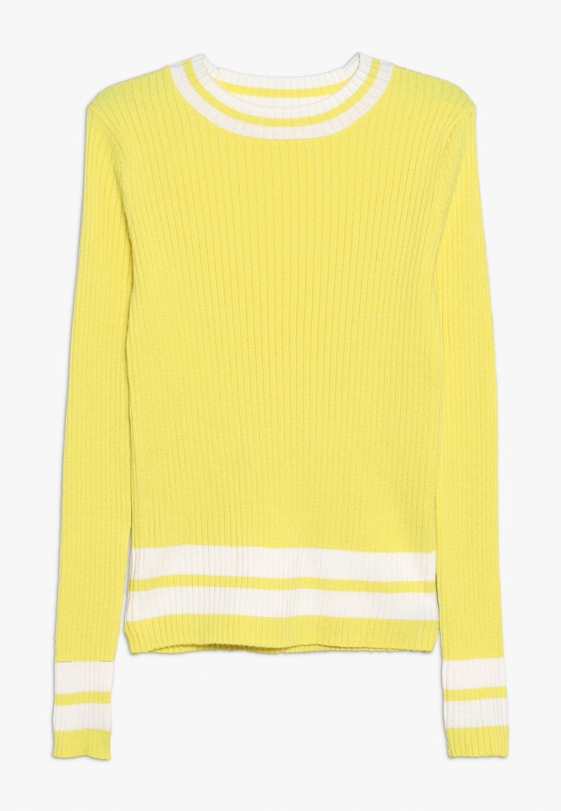 Pull jaune côtelé à manches longues avec doubles rayures blanches sur le col, les poignets et l'ourlet, présenté à plat sur un fond blanc.