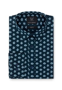 Koszula slim fit z ciemnoniebieskiej tkaniny w jasnoniebieski kwiatowy wzór, z wyszukanym kołnierzem i dopasowanymi guzikami.