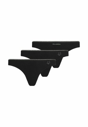 Trois strings noirs pour femmes avec des bandes élastiques grises à la taille, deux avec un petit logo de chat et un avec le texte "Karl Lagerfeld" sur la bande de taille.