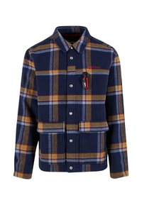 Marine rutete flanelljakke med oransje og gule detaljer, med krage, trykknapper og to frontlommer. Inkluderer en karabinkrok.