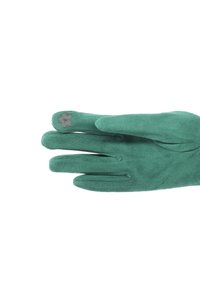 Guanti in suede verde con una texture liscia, dotati di un accento floreale grigio sull'indice e di un design aderente con cuciture a vista.