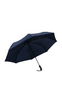 Ombrello blu navy con copertura rotonda, stecche metalliche e manico nero. Presenta una texture liscia e una presa curva per una facile maneggevolezza.