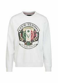 Weißer Sweatshirt mit einem strukturierten, kreisförmigen Logo mit Tennis-Motiven, italienischen Farben in Grün und Rot sowie vintage Schriftzügen.