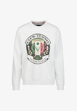 Weißer Sweatshirt mit einem strukturierten, kreisförmigen Logo mit Tennis-Motiven, italienischen Farben in Grün und Rot sowie vintage Schriftzügen.