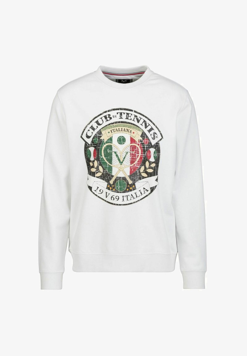 Weißer Sweatshirt mit einem strukturierten, kreisförmigen Logo mit Tennis-Motiven, italienischen Farben in Grün und Rot sowie vintage Schriftzügen.