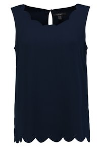 Top sin mangas en azul marino con escote de volantes y detalle de abertura en la parte posterior, fabricado en tela suave con un corte holgado.
