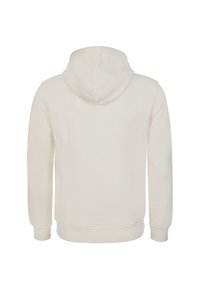Cream-colored hoodie with a soft texture, featuring a drawstring hood, long sleeves, and ribbed cuffs and hem. No front design details visible.