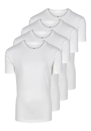 Fire hvide bomulds T-shirts med korte ærmer. Klassisk crew neck design, glat tekstur og ingen synlige mønstre eller logoer.