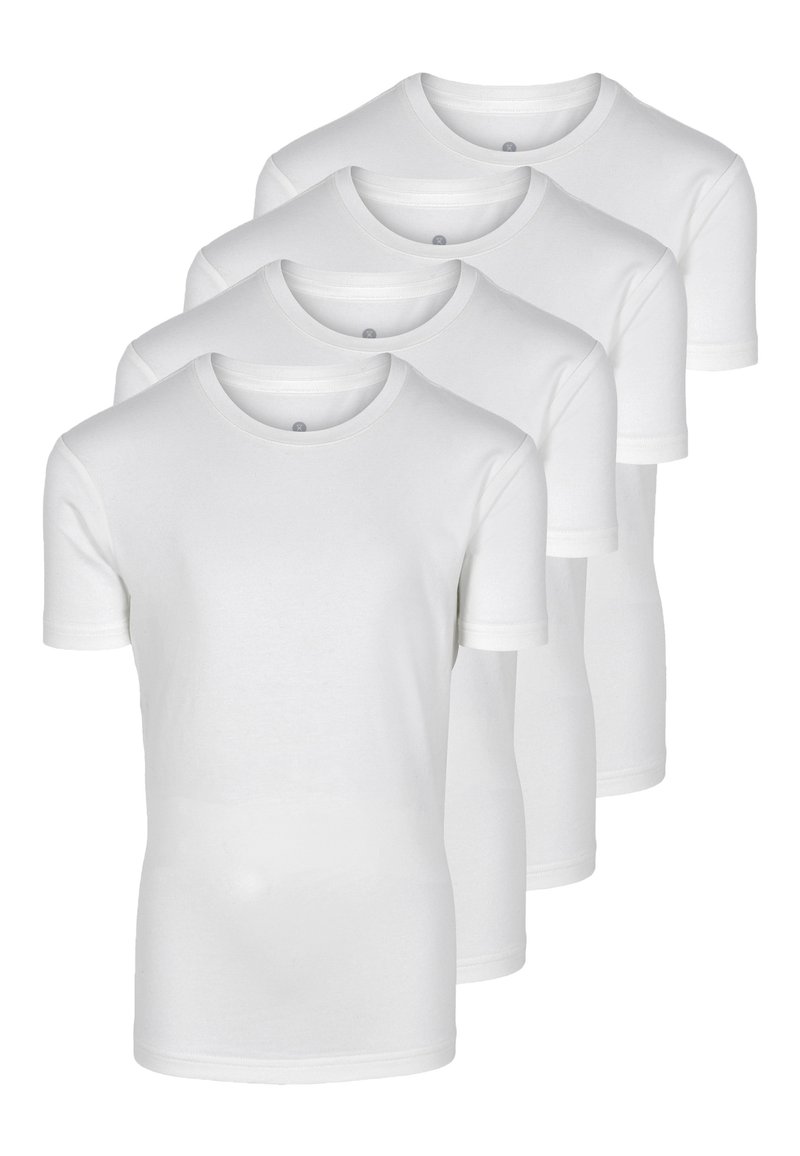 Fire hvide bomulds T-shirts med korte ærmer. Klassisk crew neck design, glat tekstur og ingen synlige mønstre eller logoer.