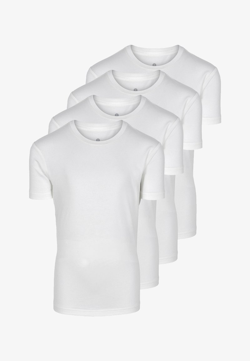 Fire hvide bomulds T-shirts med korte ærmer. Klassisk crew neck design, glat tekstur og ingen synlige mønstre eller logoer.