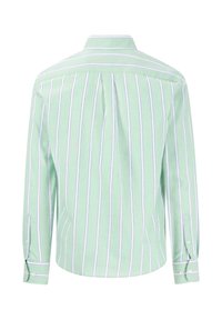 Camisa de manga larga verde claro con rayas verticales blancas y azul marino, cuello clásico, puños con botón y detalle de yugo en la parte posterior.