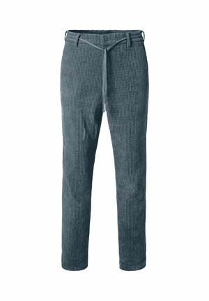 Lichtblauwe corduroy broek met een gestructureerd ribbeloppervlak, voorzien van een verstelbare koord in de taille en taps toelopende pijpen.