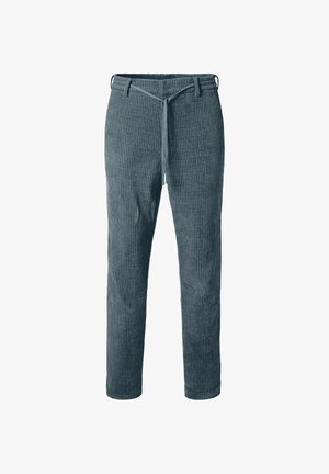 Light blue corduroy trousers with a textured ribbed surface, featuring an adjustable drawstring waistband and tapered legs.