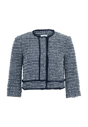 Navy Tweed-Bolero mit strukturiertem Muster, Fransenbesatz entlang der Kanten, Rundhalsausschnitt und Frontverschluss, mit langen Ärmeln.
