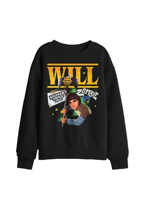 Black sweatshirt with graphic of boy holding axe, text "WILL," "Stranger Things," and "Zombie Boy" on front.