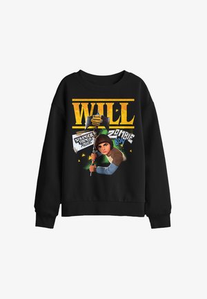 Black sweatshirt with graphic of boy holding axe, text "WILL," "Stranger Things," and "Zombie Boy" on front.