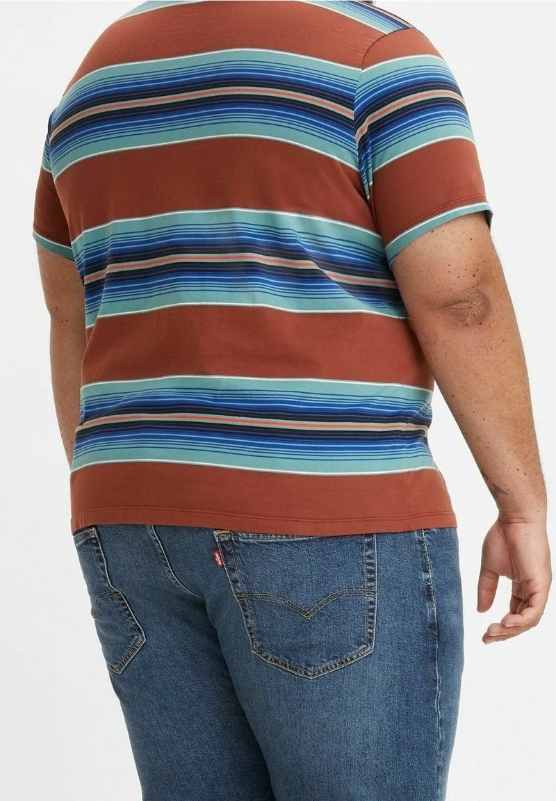 Homme portant une chemise à manches courtes rayée de couleurs rouille, bleu et turquoise, et un jean en denim bleu, vu de dos et de la taille jusqu'en haut.