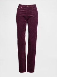Pantalon en velours côtelé bordeaux avec une coupe droite, doté d'une fermeture à boutons sur le devant et de cinq poches. Texture remarquable avec un tissu côtelé.