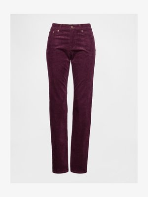 Burgunderfargede kordfløyelbukser med rett ben, utstyrt med knappelukking foran og fem lommer. Merkbar tekstur med rillestrukturert stoff.