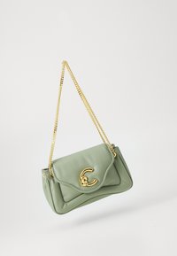 Grüne Lederhandtasche mit einer goldenen Kettenoberfläche, die eine gefaltete Klappe und einen markanten goldenen Logoverschluss auf der Vorderseite aufweist. Glatte Textur, kompakte Form.