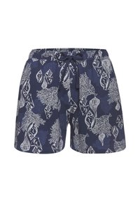 Marineblaue Badeshorts aus Stoff mit weißen Muschel- und Korallenmotiven. Mit einem Kordelzugbund und lässigem Schnitt.