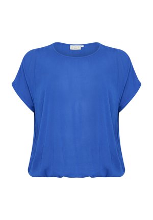 Blusa blu a maniche corte realizzata in tessuto leggero. Presenta un collo rotondo e una vestibilità comoda, con una texture liscia e senza motivi visibili.