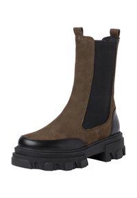 Brown suede ankle boot with black rubber sole, elastic side panels, and tab at the heel for easy wear. Chunky, textured sole design.