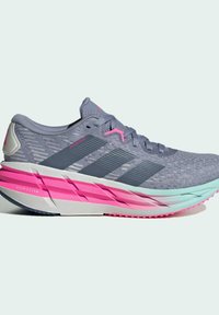 Lightweight athletic shoe in gray with pink and teal accents. Features a textured mesh upper, a cushioned midsole, and a durable rubber outsole.