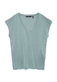 Helles türkisfarbenes V-Ausschnitt-T-Shirt aus weichem Stoff. Kurze Ärmel, lockere Passform und gerader Saum ohne sichtbare Muster oder Hardware.