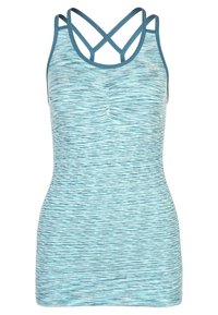 Niebieski sportowy top na ramiączkach z teksturowanym wzorem, dopasowanym krojem i krzyżującymi się ramiączkami na plecach. Miękki, elastyczny materiał.