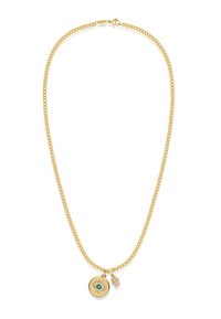 Guld kæde med cirkulært vedhæng, der har et øje-design og en lille hamsa charme. Strukturere kædeled og poleret finish.