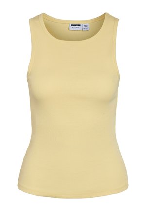 Gul ribbestrikket tanktop med rund hals og ermeløs design. Mykt stoff med en tettsittende silhuett uten synlige mønstre eller aksenter.