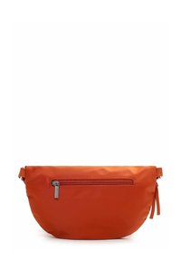 Orange crossbody bag made of smooth fabric with a curved shape, featuring a zippered pocket and a strap with adjustable length.