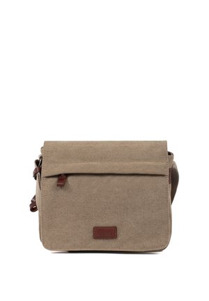 Sac messager en toile beige avec fermeture à rabat, petite poche zippée à l'avant, bandoulière réglable et détails en cuir marron.