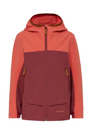 Giacca con cappuccio bicolore corallo e marrone scuro con cerniera frontale e due tasche laterali con zip, logo Vaude sul lato anteriore destro in basso.
