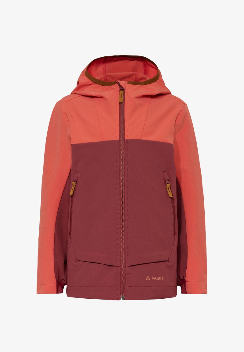 Giacca con cappuccio bicolore corallo e marrone scuro con cerniera frontale e due tasche laterali con zip, logo Vaude sul lato anteriore destro in basso.