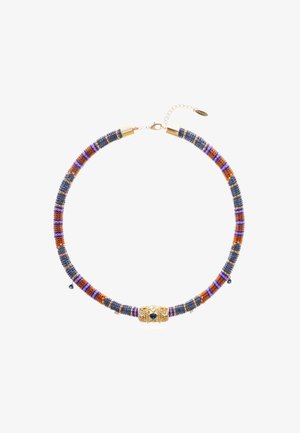 Bunte Perlenkette mit orangefarbenen, blauen und grauen Perlen, einem Verschluss aus goldfarbenem Metall und dekorativen goldfarbenen Akzenten in der Mitte.