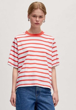 Striped t-shirt in white and coral, featuring a crew neck and short sleeves, made from a soft cotton fabric with a relaxed fit.